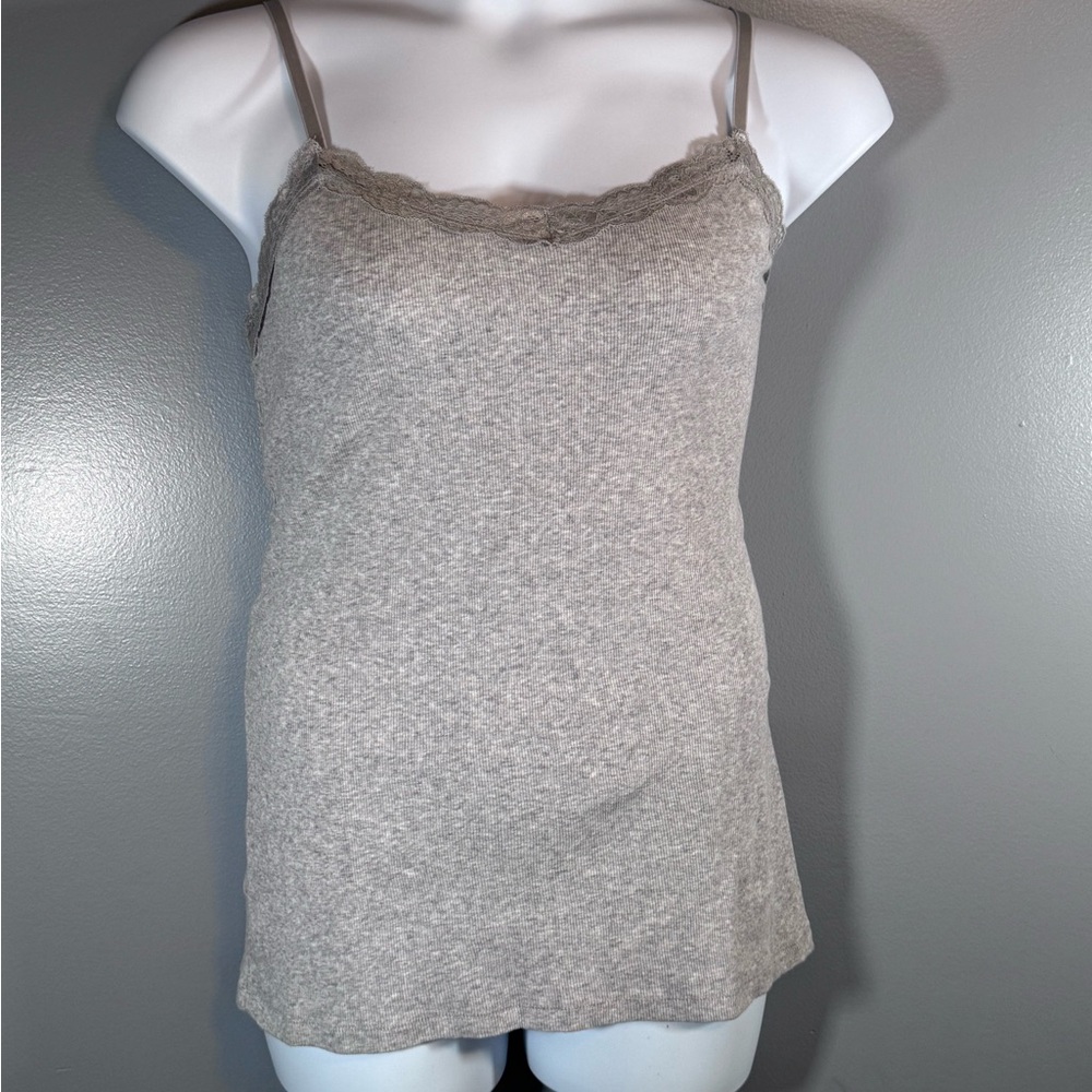 Faded Glory Gray Ribbed Lace Trim Cami Tank Top XL Stretch Cotton - Picture 3 of 9